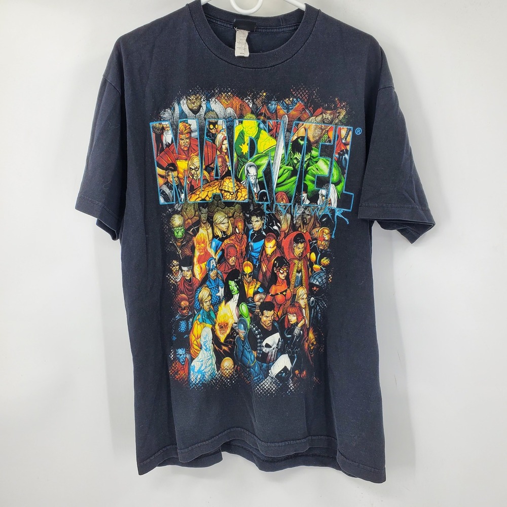 Marvel Civil War Character Collage Y2Graphic T-Shirt Mad Engine Black Mens XL